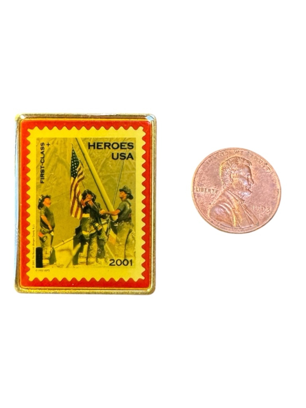 Vintage - Heroes of 2001 Postage Stamp Replica Pin/Brooch/Lapel - Gold Tone